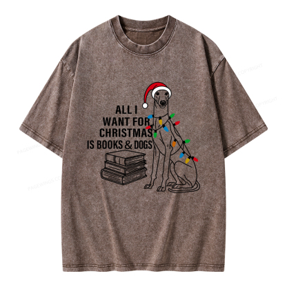 Pagewings All I Want For Christmas Is Books and Dogs Unisex Washed T-shirt