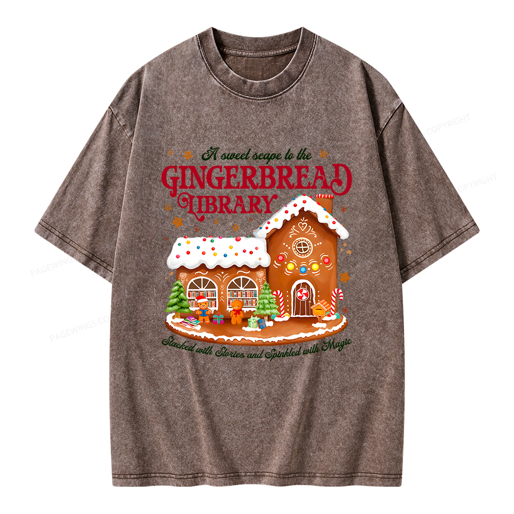 Pagewings Gingerbread Library Christmas Unisex Washed T-shirt