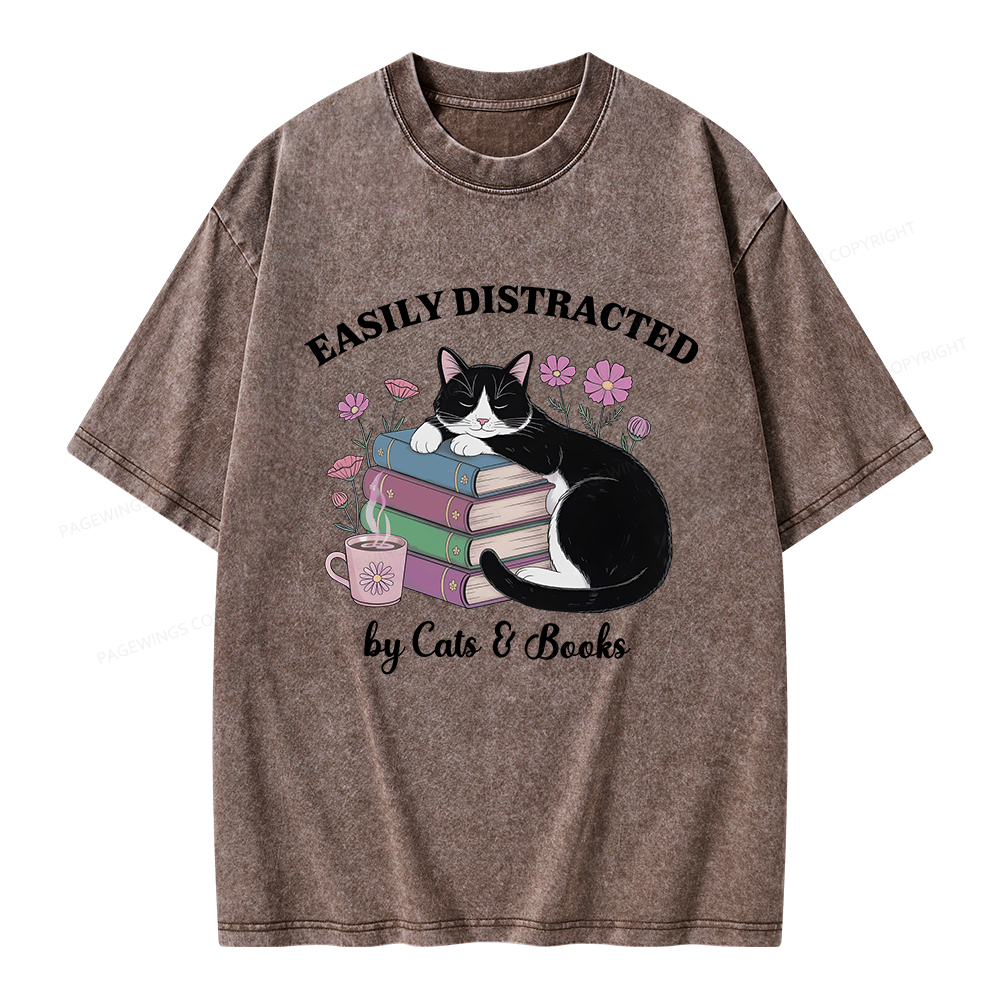 Pagewings Easily Distracted By Cats & Books Unisex Washed T-shirt