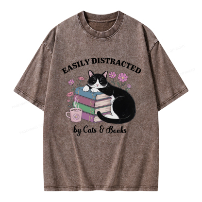 Pagewings Easily Distracted By Cats & Books Unisex Washed T-shirt