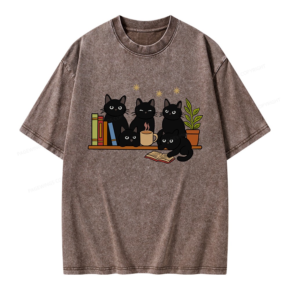 Pagewings Cat On Bookshelf Unisex Washed T-shirt
