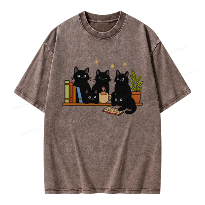Pagewings Cat On Bookshelf Unisex Washed T-shirt