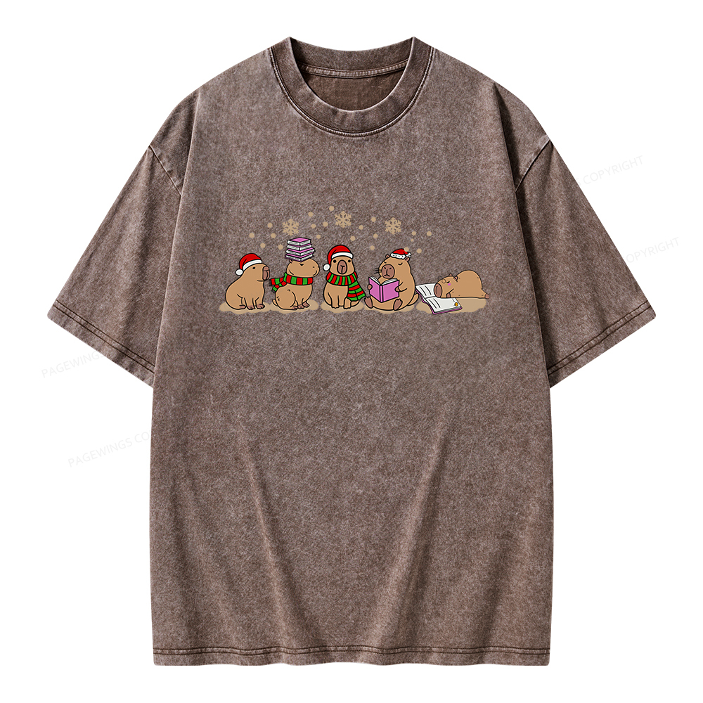 Pagewings Capybara Christmas Reading Unisex Washed T-shirt