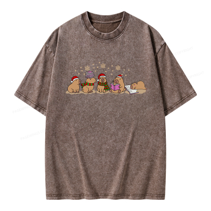 Pagewings Capybara Christmas Reading Unisex Washed T-shirt