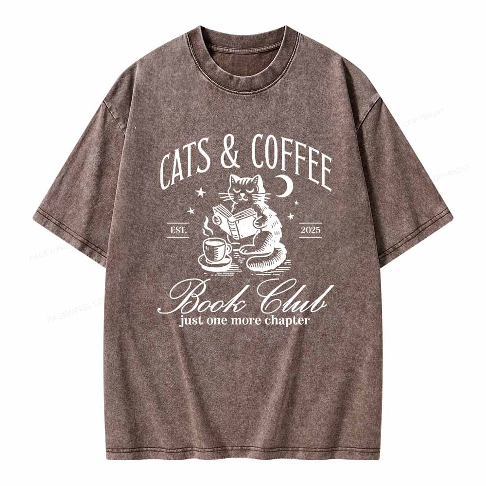 Pagewings Cats and Coffee Bookclub Unisex Washed T-shirt