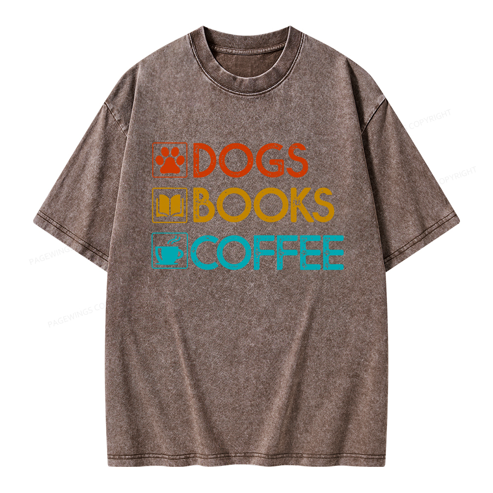 Pagewings Dogs Books Coffee Unisex Washed T-shirt