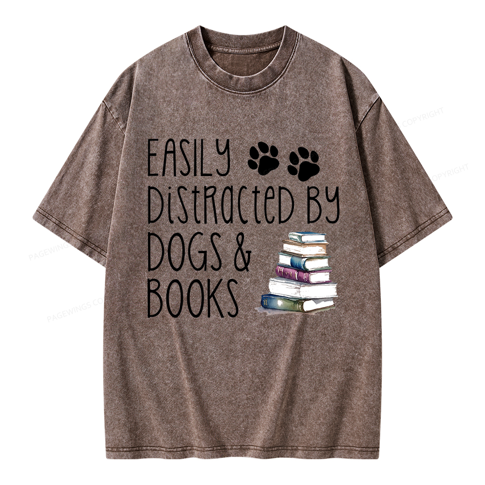 Pagewings Easily Distracted By Dogs And Books Unisex Washed T-shirt