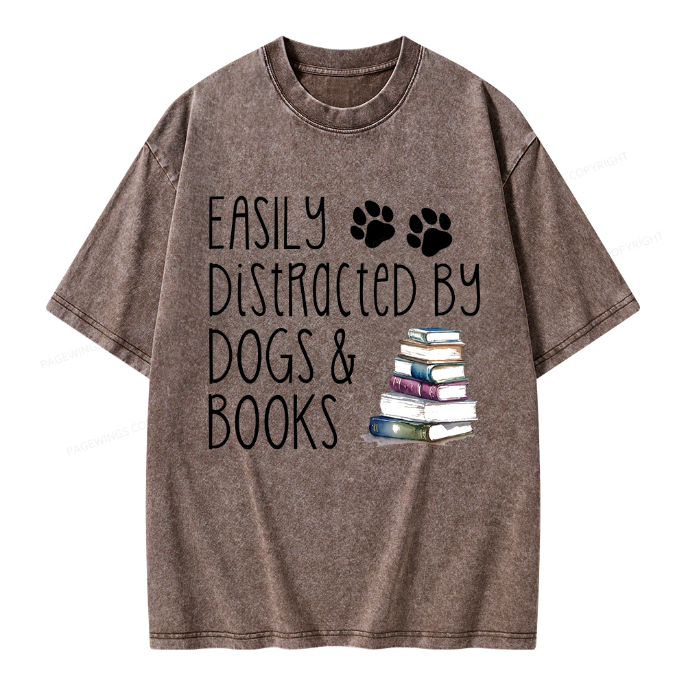 Pagewings Easily Distracted By Dogs And Books Unisex Washed T-shirt