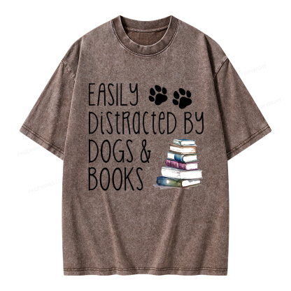 Pagewings Easily Distracted By Dogs And Books Unisex Washed T-shirt
