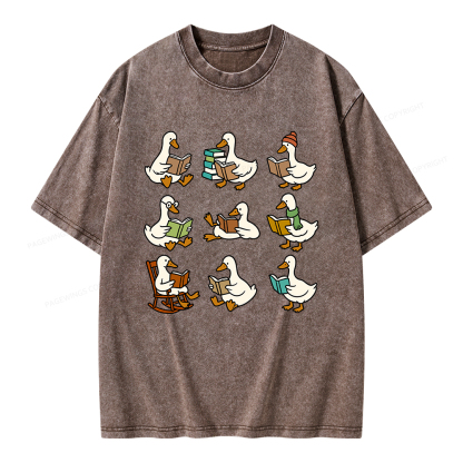 Pagewings Cute Goose Reading Unisex Washed T-shirt