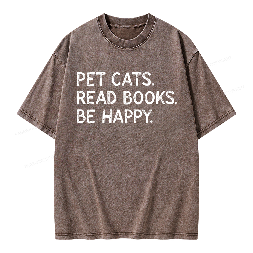 Pagewings Pet Cats Read Books Be Happy Unisex Washed T-shirt