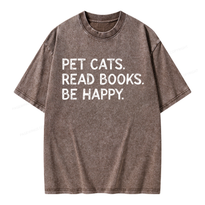 Pagewings Pet Cats Read Books Be Happy Unisex Washed T-shirt