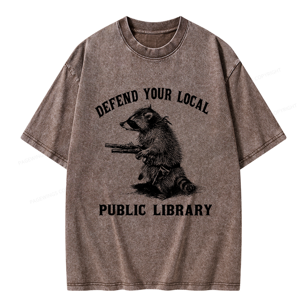 Pagewings Raccoon Defend Your Local Public Library Unisex Washed T-shirt