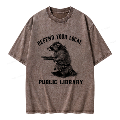 Pagewings Raccoon Defend Your Local Public Library Unisex Washed T-shirt