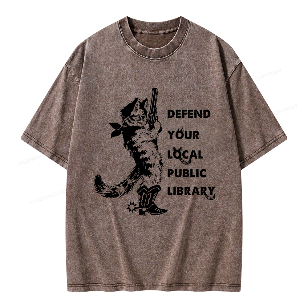 Pagewings Cat Defend Your Local Public Library Unisex Washed T-shirt