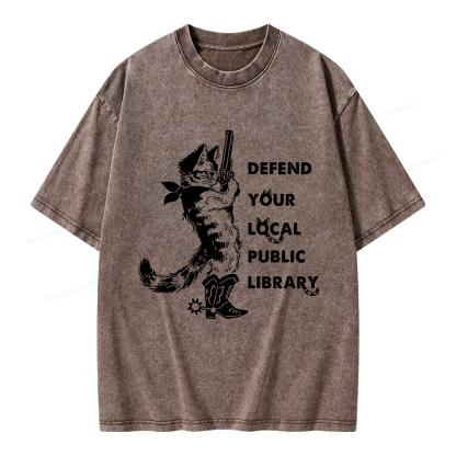 Pagewings Cat Defend Your Local Public Library Unisex Washed T-shirt