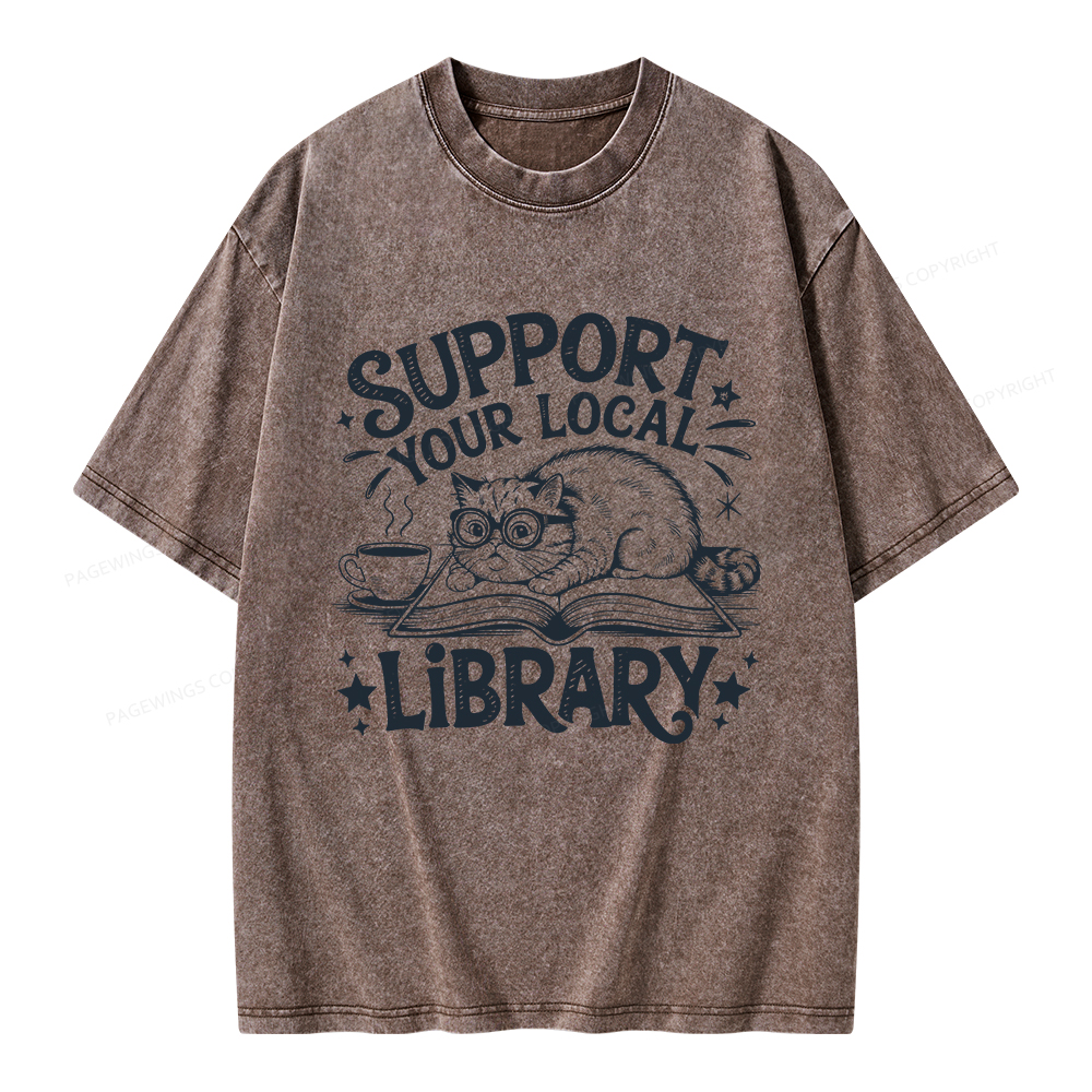 Pagewings Support Your Local Library Cat  Unisex Washed T-shirt