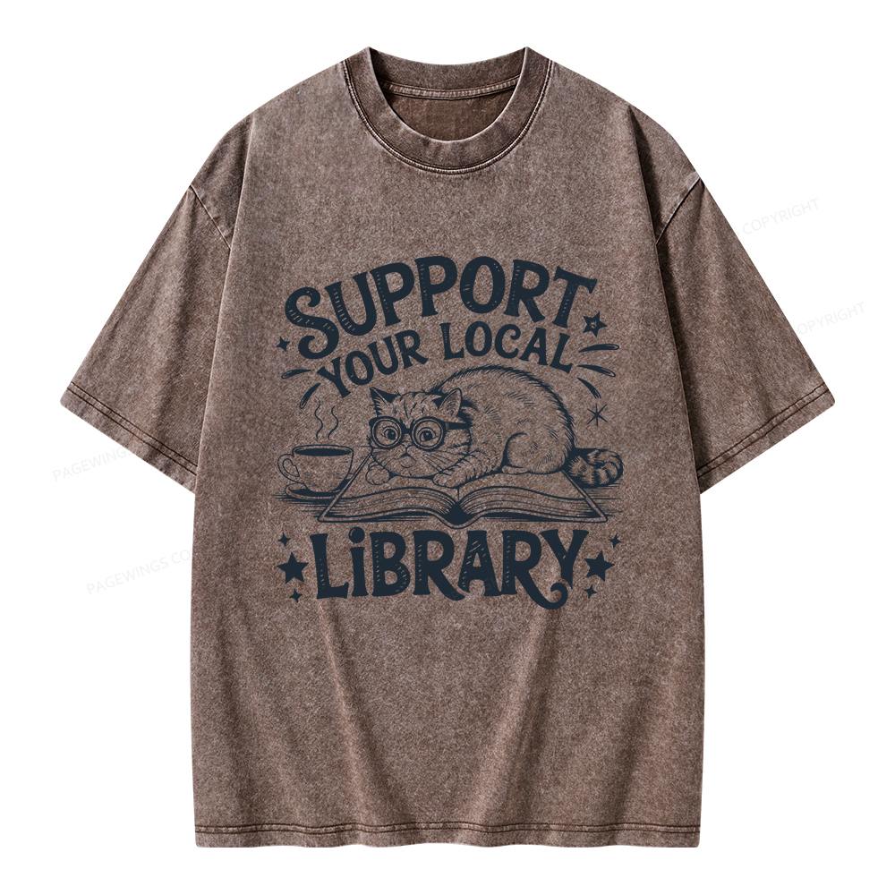 Pagewings Support Your Local Library Cat  Unisex Washed T-shirt
