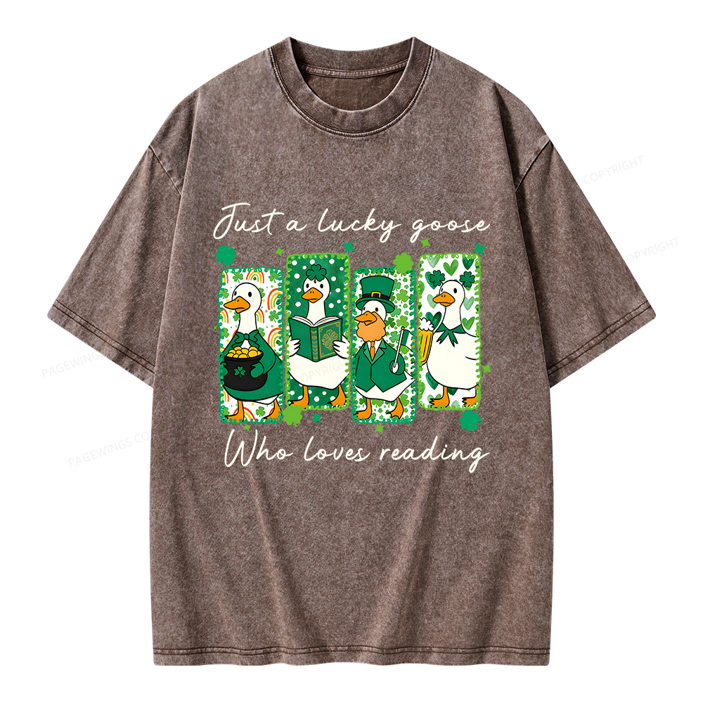 Pagewings St Patrick’s Day Just A Lucky Goose Who Loves Reading Unisex Washed T-shirt