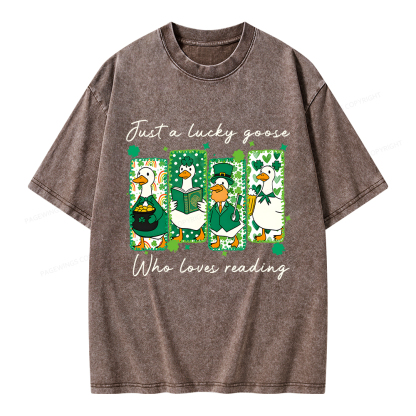 Pagewings St Patrick’s Day Just A Lucky Goose Who Loves Reading Unisex Washed T-shirt