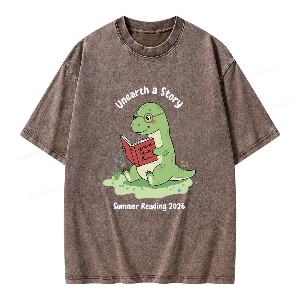 Pagewings Unearth A Story Dinosaur Summer Reading Unisex Washed T-shirt