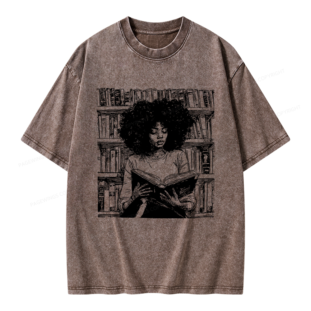 Pagewings Black Girl Reading Unisex Washed T-shirt