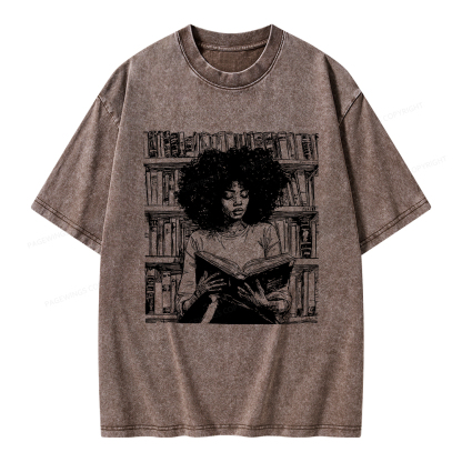Pagewings Black Girl Reading Unisex Washed T-shirt
