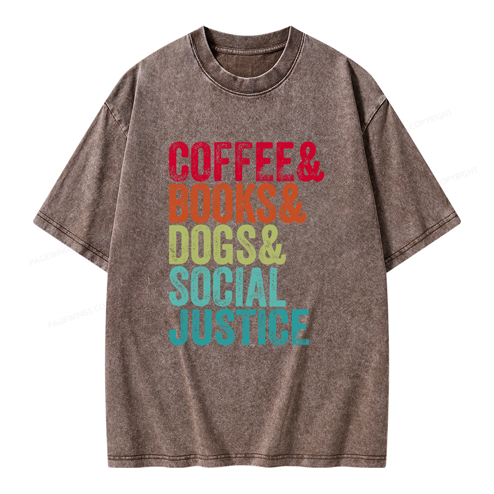 Pagewings Books Coffee Dogs Social Justice Unisex Washed T-shirt