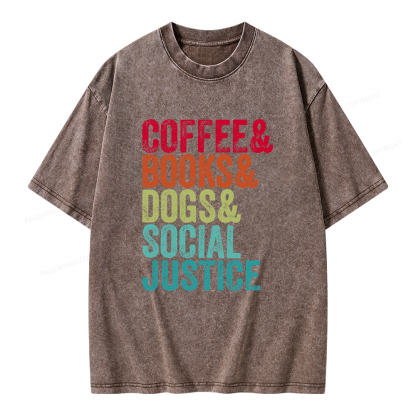 Pagewings Books Coffee Dogs Social Justice Unisex Washed T-shirt