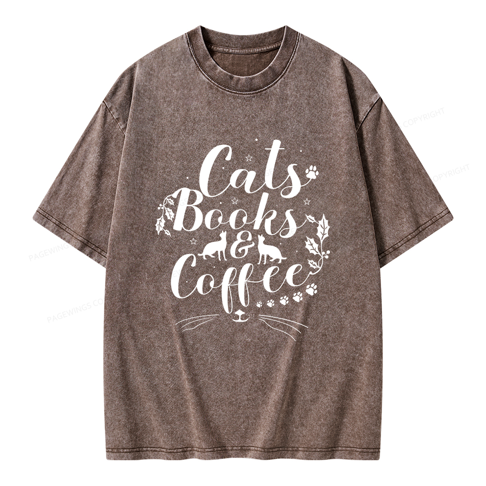 Pagewings Cats Books And Coffee Unisex Washed T-shirt