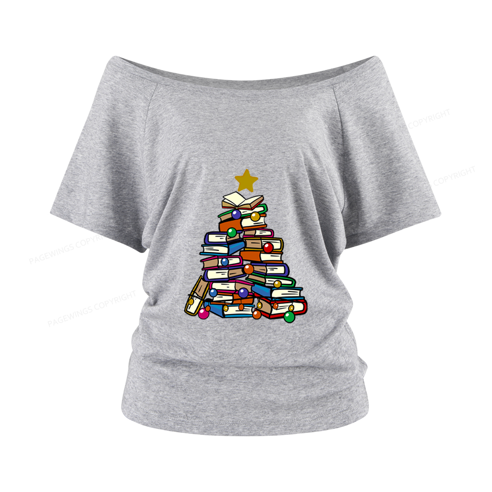 Pagewings Christmas Tree Bookworm Women Off Shoulder T-shirts