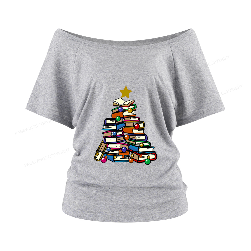 Pagewings Christmas Tree Bookworm Women Off Shoulder T-shirts