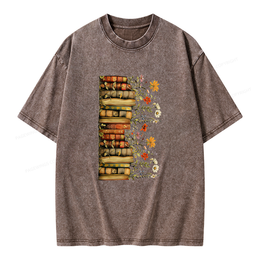 Pagewings Floral Books Unisex Washed T-shirt