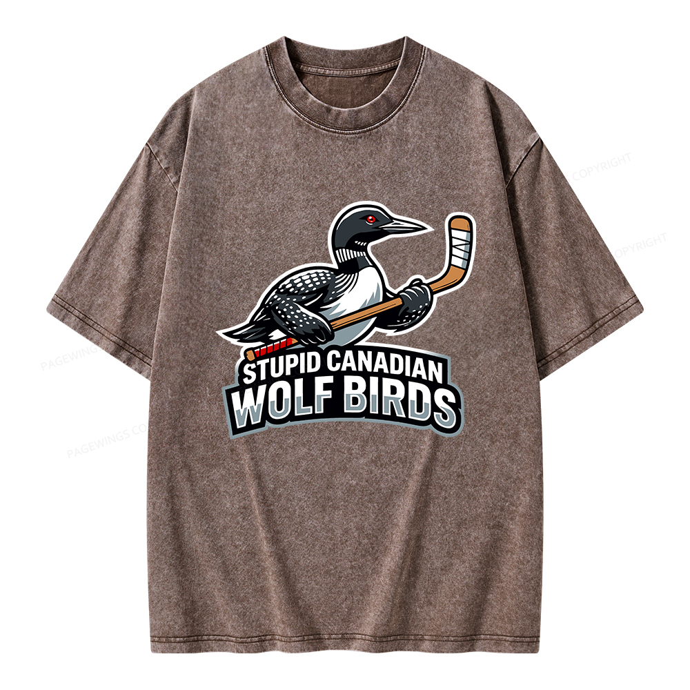 Pagewings Stupid Canadian Wolf Birds Funny Unisex Washed T-shirt