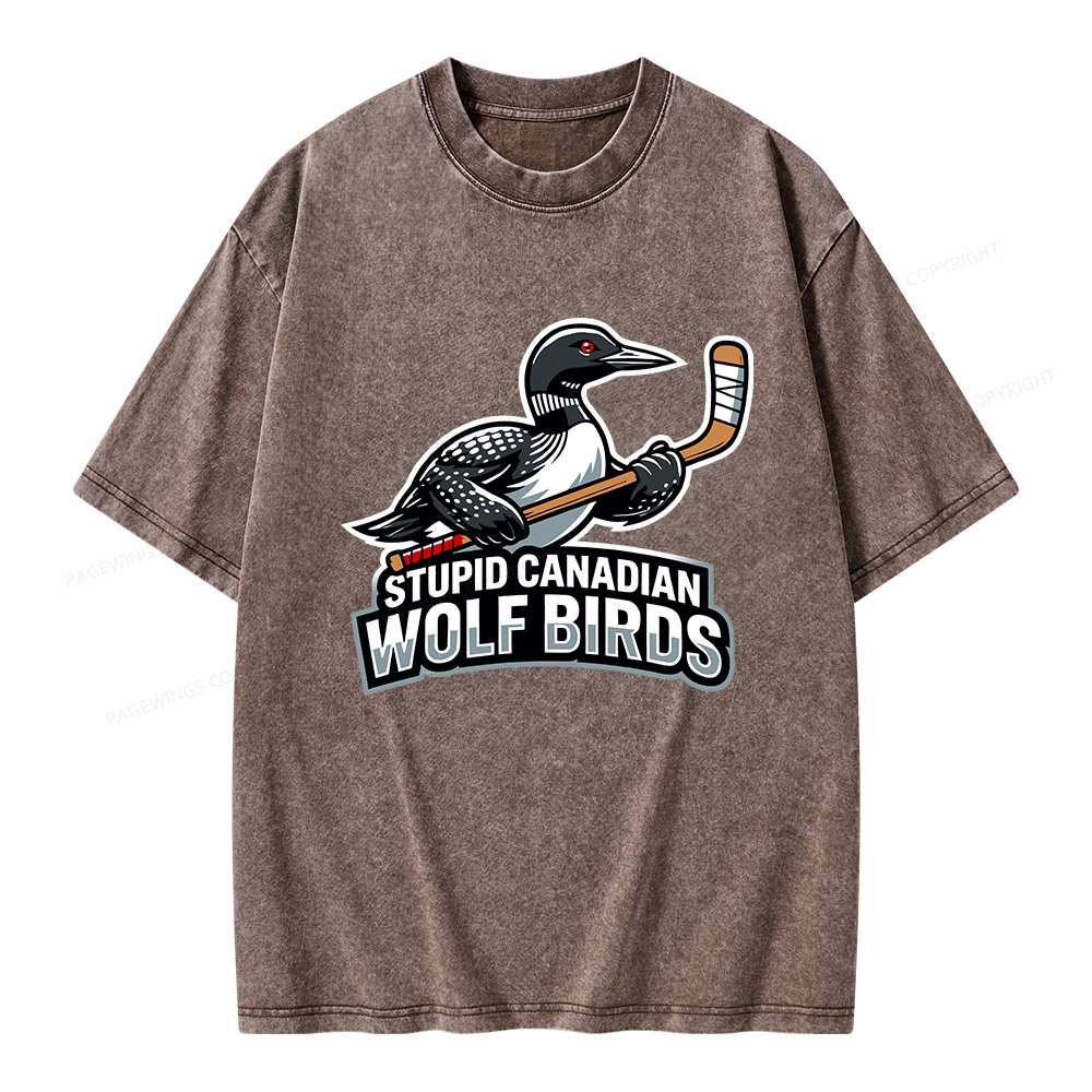 Pagewings Stupid Canadian Wolf Birds Funny Unisex Washed T-shirt