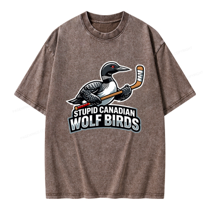 Pagewings Stupid Canadian Wolf Birds Funny Unisex Washed T-shirt
