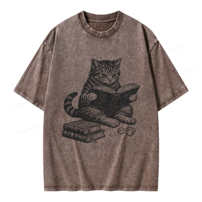 Pagewings Cat Reading Book Unisex Washed T-shirt