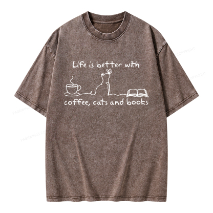 Pagewings Life Is Better With Coffee Cats And Books Unisex Washed T-shirt
