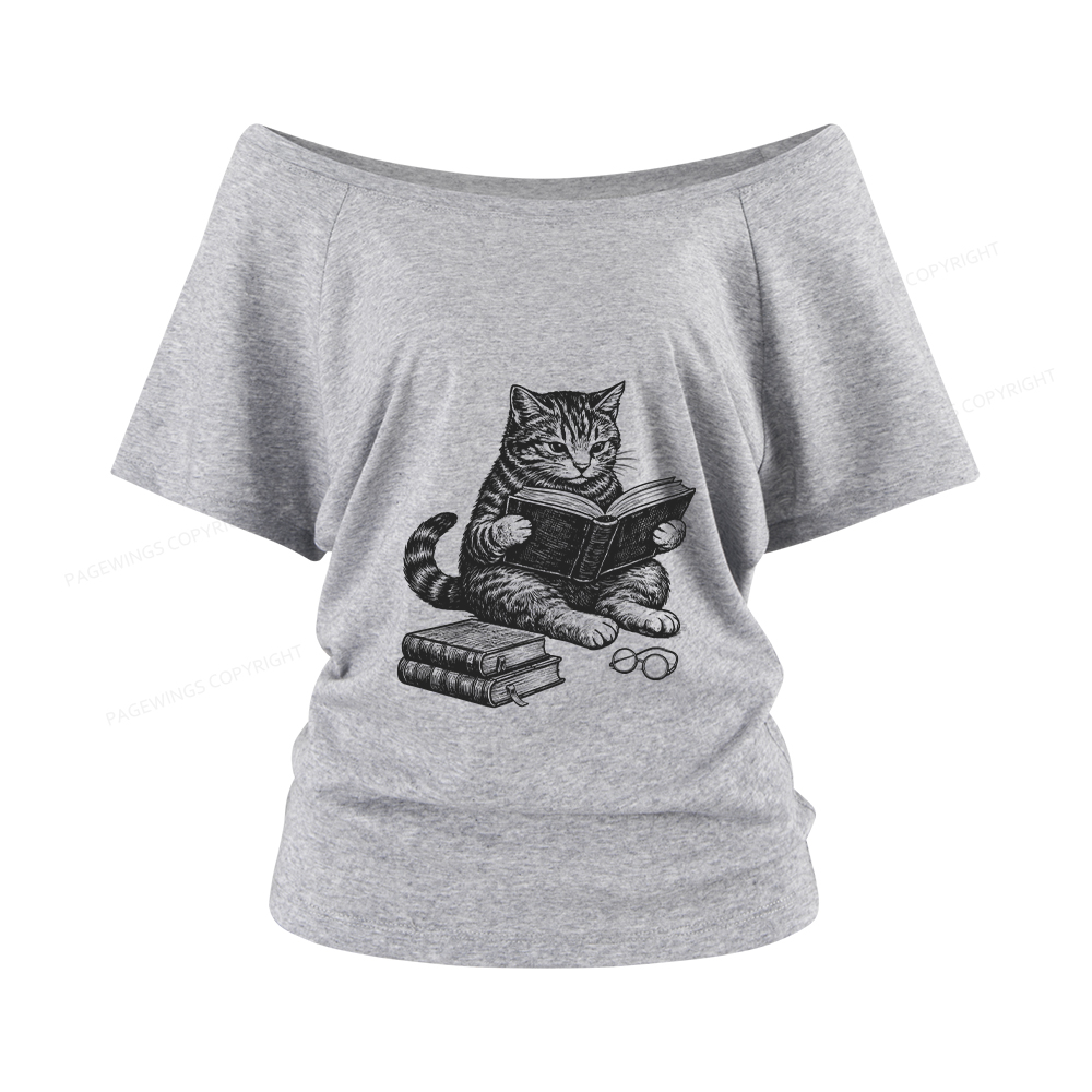 Pagewings Cat Reading Book Women Off Shoulder T-shirts
