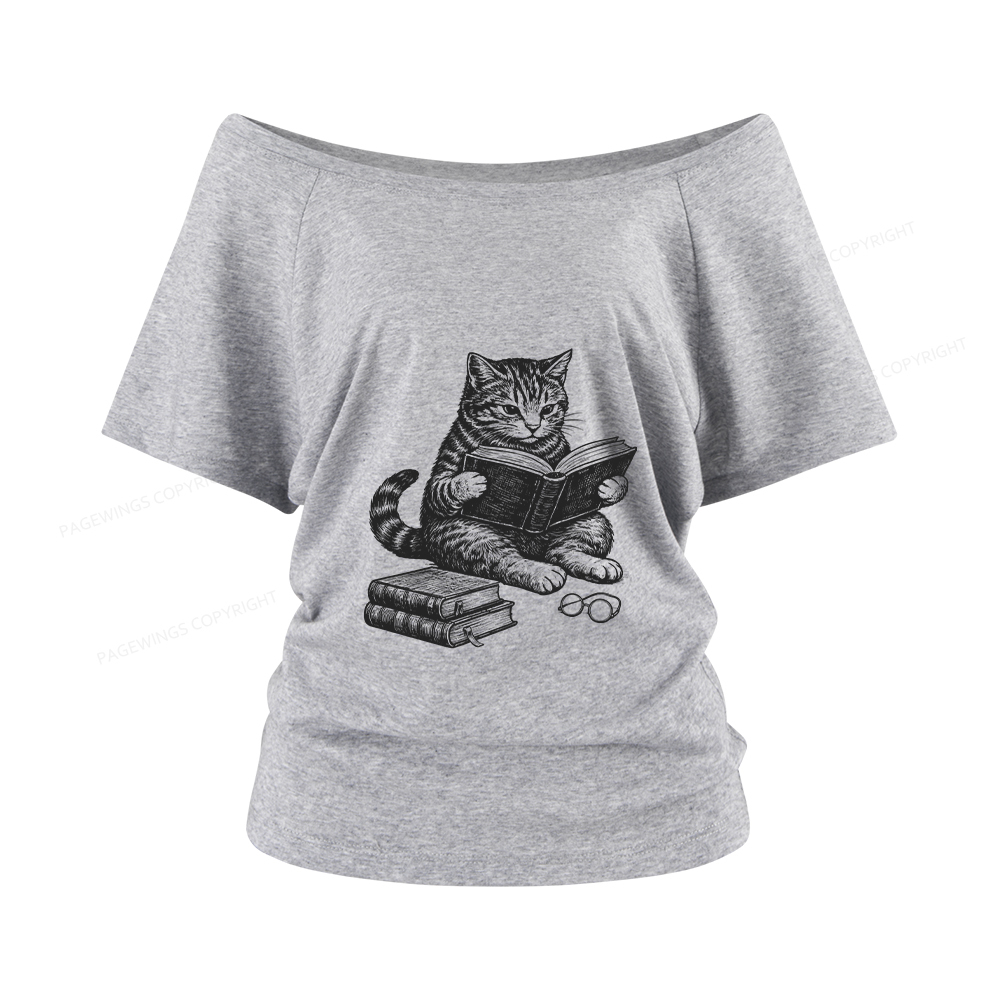 Pagewings Cat Reading Book Women Off Shoulder T-shirts
