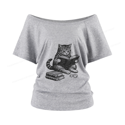 Pagewings Cat Reading Book Women Off Shoulder T-shirts