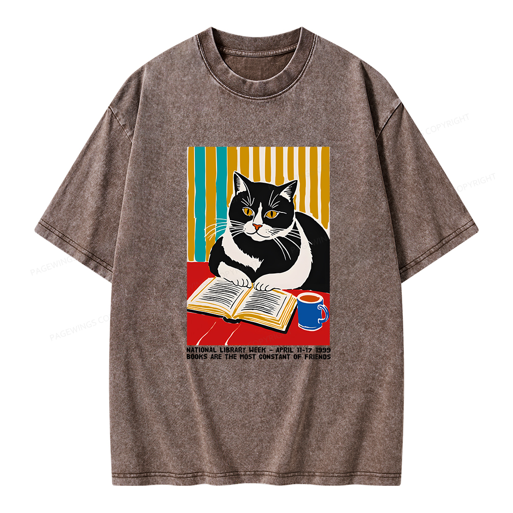 Pagewings Ational Library Week Cat Poster Unisex Washed T-shirt