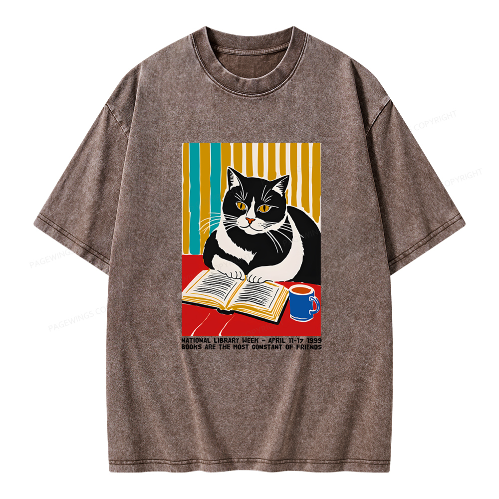 Pagewings Ational Library Week Cat Poster Unisex Washed T-shirt
