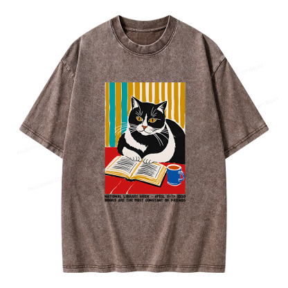 Pagewings Ational Library Week Cat Poster Unisex Washed T-shirt