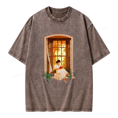 Pagewings Book Lovers Reading By The Window  Unisex Washed T-shirt