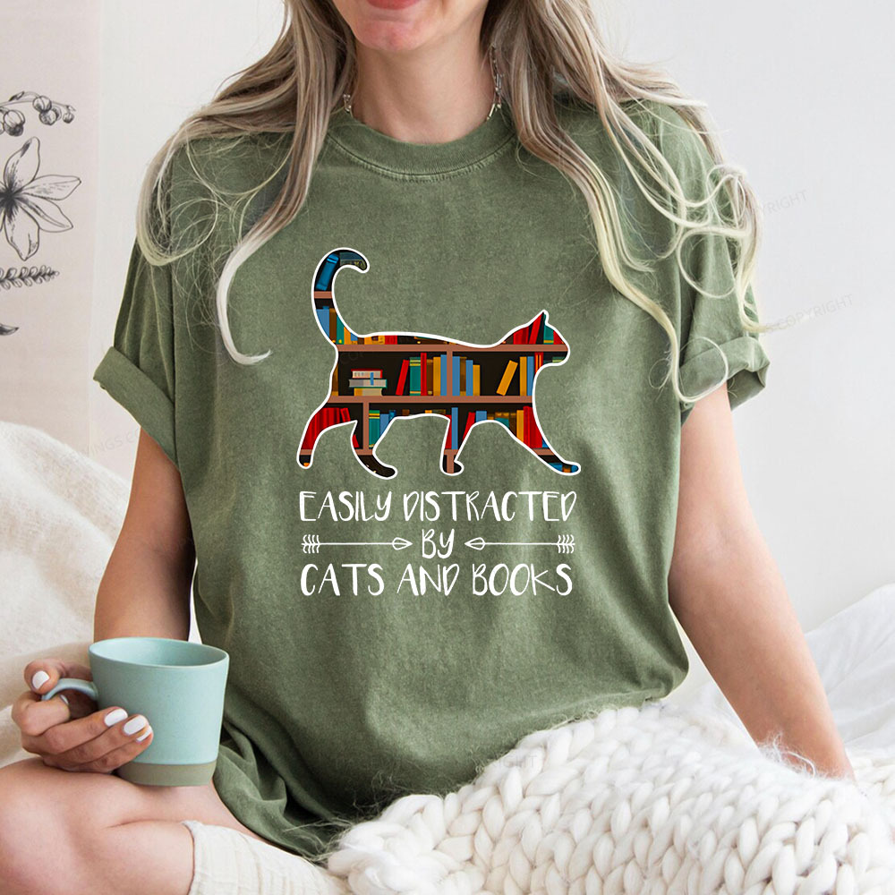 Pagewings Funny Cat Book Lover Easily Distracted By Cats And T-Shirt  Unisex Washed T-shirt