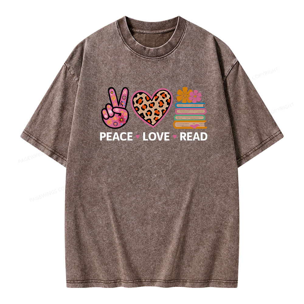 Pagewings Peace Love Read World Book Day Unisex Washed T-shirt