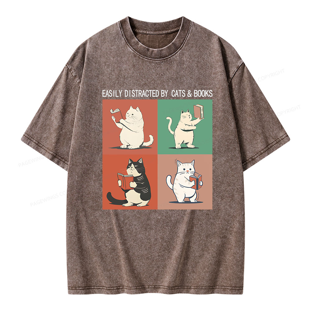 Pagewings Cute Easily Distracted by Cats Books Unisex Washed T-shirt