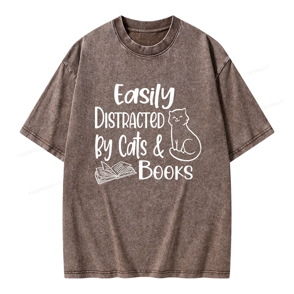 Pagewings Easily Distracted By Cats And Books Unisex Washed T-shirt