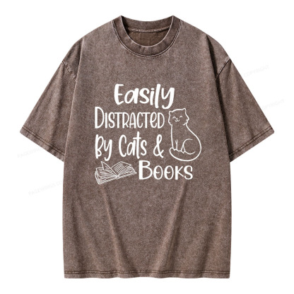 Pagewings Easily Distracted By Cats And Books Unisex Washed T-shirt